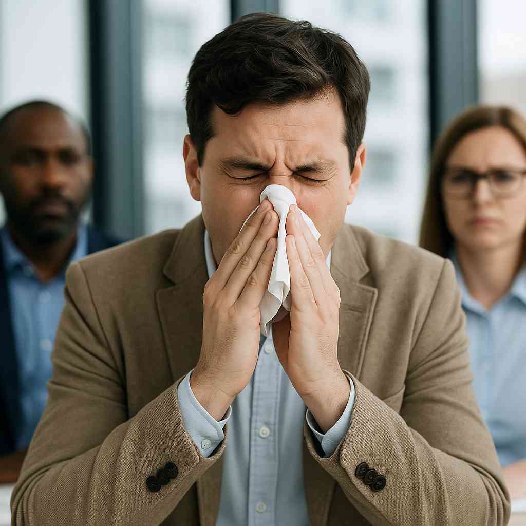 Person dealing with the social impact of hay fever symptoms